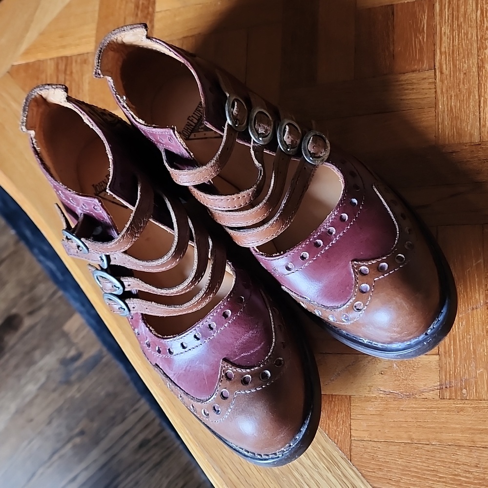 John Fluevog Brown and Burgundy Multi-Strap Brogue Flats